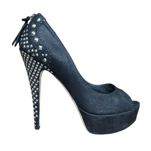 MIU MIU Black Nubuck Studded Heel Platform Pumps, Size 38.5