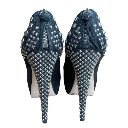 MIU MIU Black Nubuck Studded Heel Platform Pumps, Size 38.5