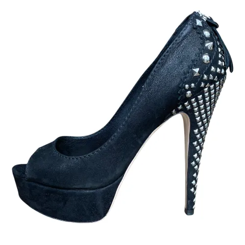 MIU MIU Black Nubuck Studded Heel Platform Pumps, Size 38.5