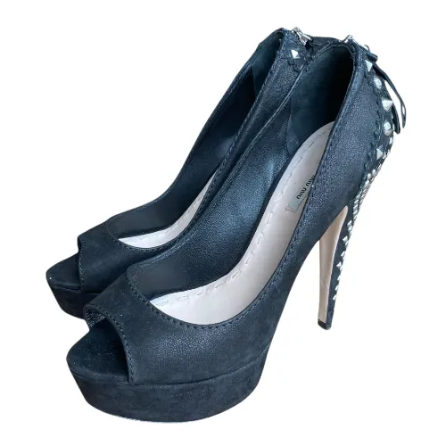 MIU MIU Black Nubuck Studded Heel Platform Pumps, Size 38.5