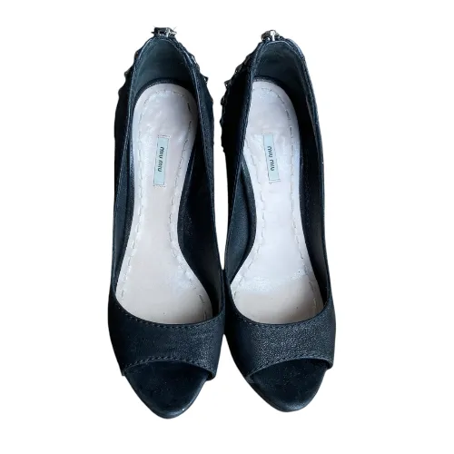 MIU MIU Black Nubuck Studded Heel Platform Pumps, Size 38.5