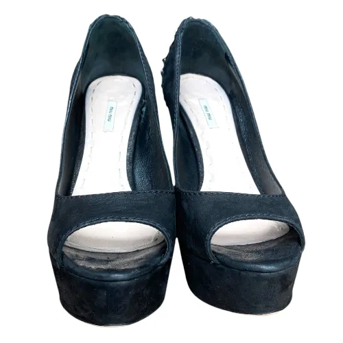 MIU MIU Black Nubuck Studded Heel Platform Pumps, Size 38.5