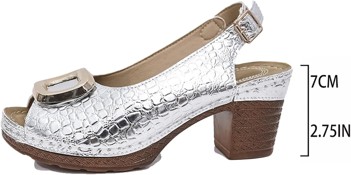 Platform Chunky Mid Heels Slingback Comfortable Elegant Dress Shoes,Womens Block Peep Toe Ankle Strap Sandals,Fashion Comfortable Mules