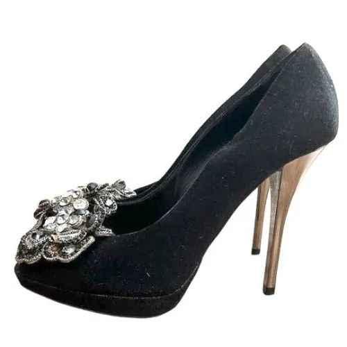 RENE CAOVILLA Black Fabric Silver Rhinestone Peep Toe Platform Pumps, Size 36.5
