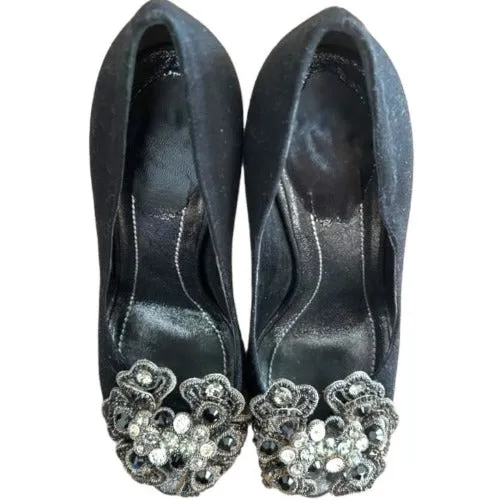 RENE CAOVILLA Black Fabric Silver Rhinestone Peep Toe Platform Pumps, Size 36.5