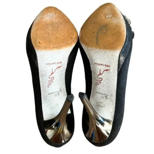 RENE CAOVILLA Black Fabric Silver Rhinestone Peep Toe Platform Pumps, Size 36.5