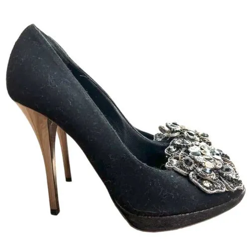 RENE CAOVILLA Black Fabric Silver Rhinestone Peep Toe Platform Pumps, Size 36.5