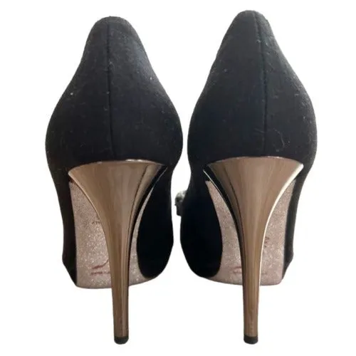 RENE CAOVILLA Black Fabric Silver Rhinestone Peep Toe Platform Pumps, Size 36.5