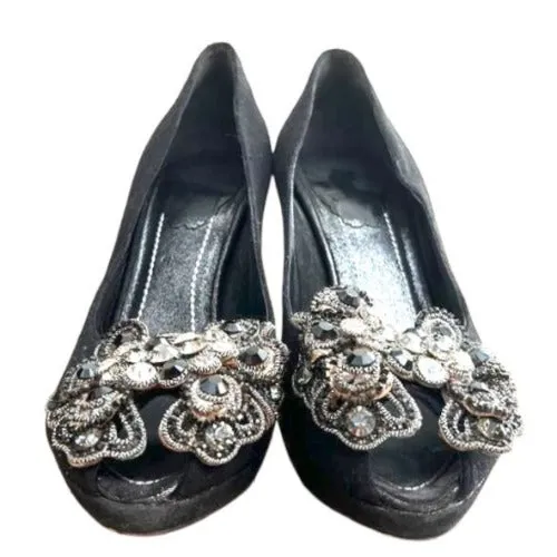 RENE CAOVILLA Black Fabric Silver Rhinestone Peep Toe Platform Pumps, Size 36.5