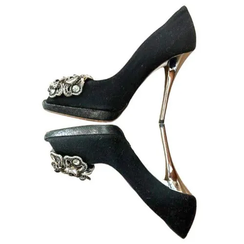 RENE CAOVILLA Black Fabric Silver Rhinestone Peep Toe Platform Pumps, Size 36.5