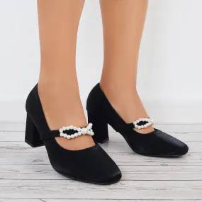 Sohiwoo Women Pearl Mary Jane Pumps Chunky Heels Bowknot Closed Toe Dress Shoes