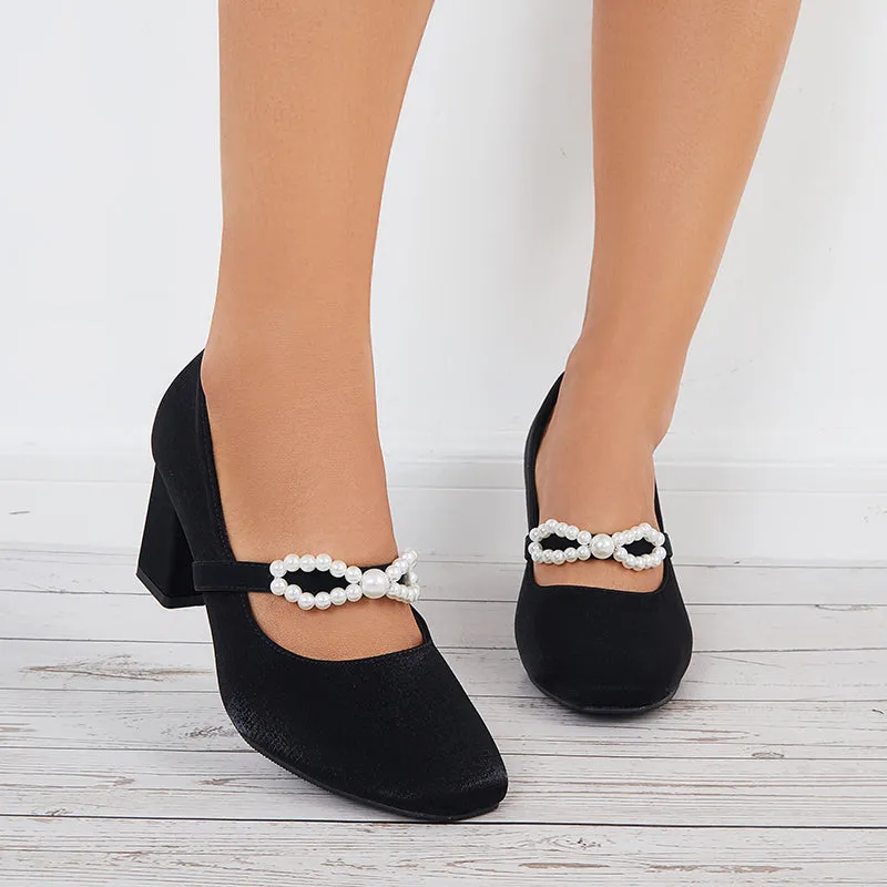 Sohiwoo Women Pearl Mary Jane Pumps Chunky Heels Bowknot Closed Toe Dress Shoes