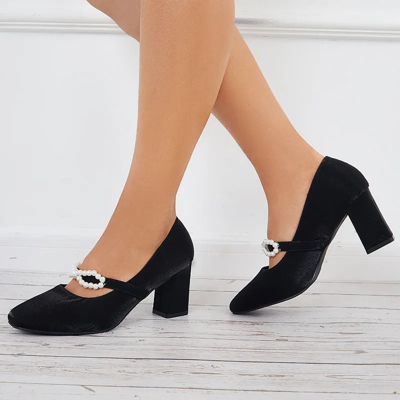 Sohiwoo Women Pearl Mary Jane Pumps Chunky Heels Bowknot Closed Toe Dress Shoes