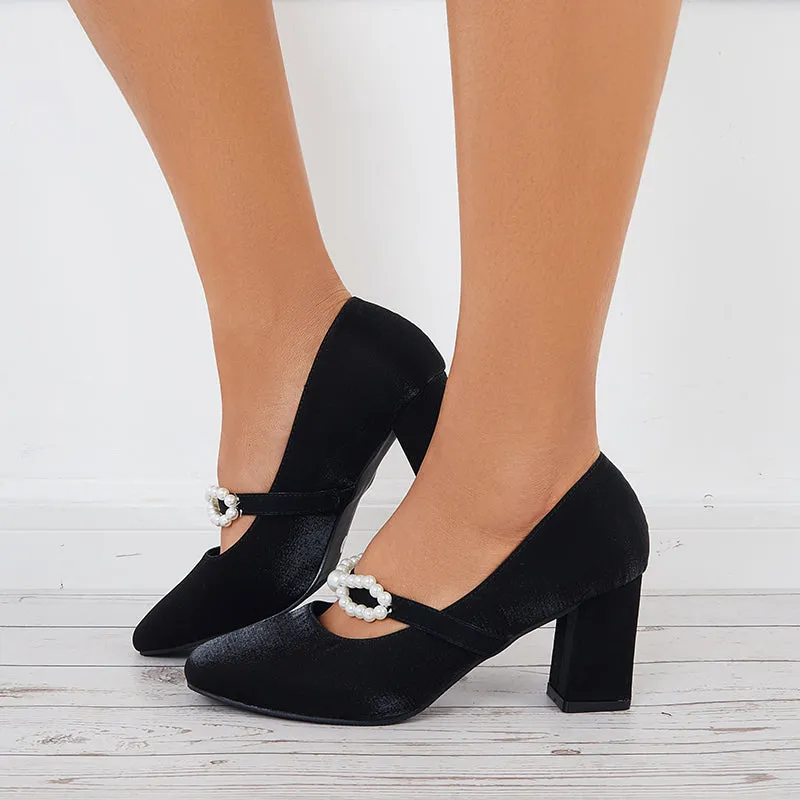 Sohiwoo Women Pearl Mary Jane Pumps Chunky Heels Bowknot Closed Toe Dress Shoes