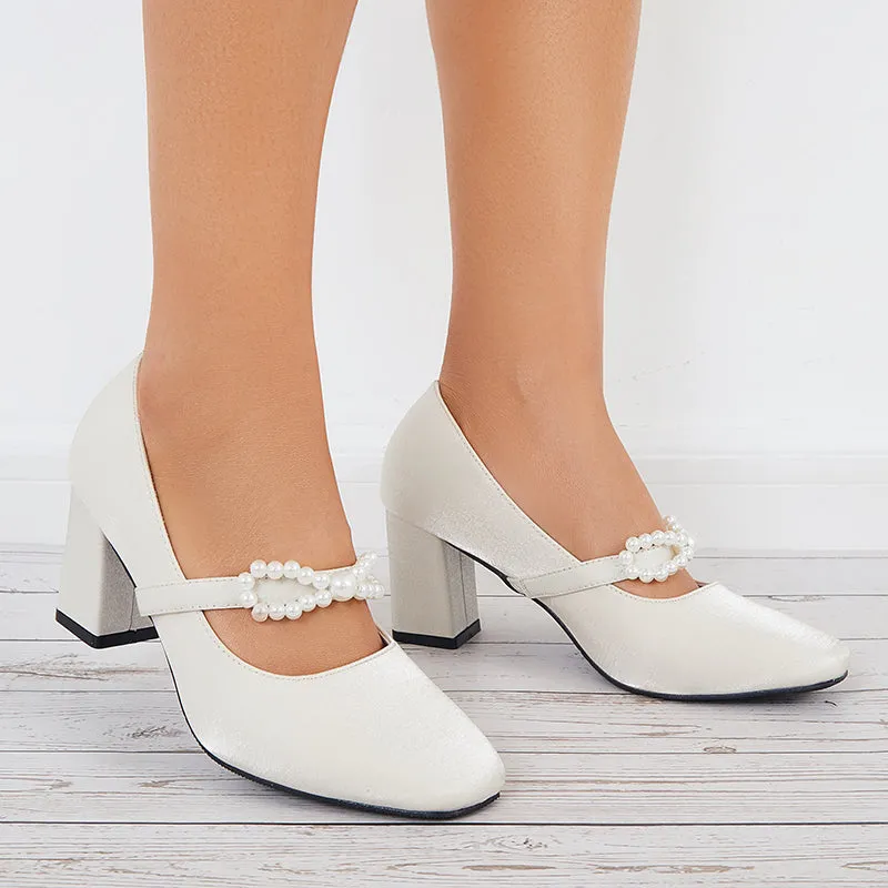 Sohiwoo Women Pearl Mary Jane Pumps Chunky Heels Bowknot Closed Toe Dress Shoes