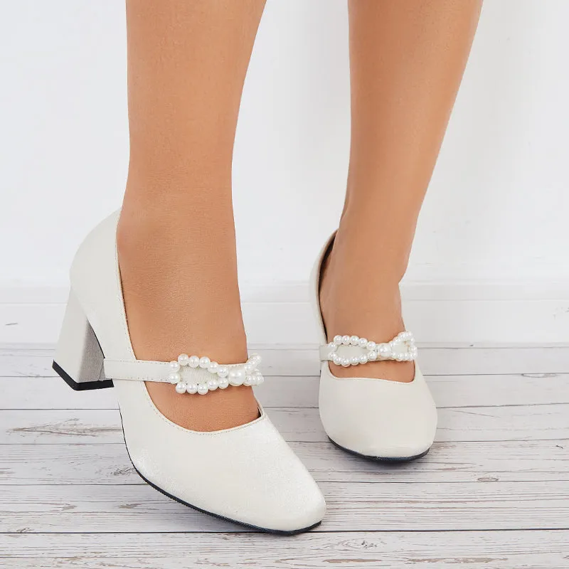 Sohiwoo Women Pearl Mary Jane Pumps Chunky Heels Bowknot Closed Toe Dress Shoes