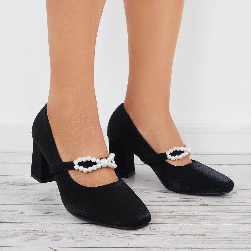 Sohiwoo Women Pearl Mary Jane Pumps Chunky Heels Bowknot Closed Toe Dress Shoes