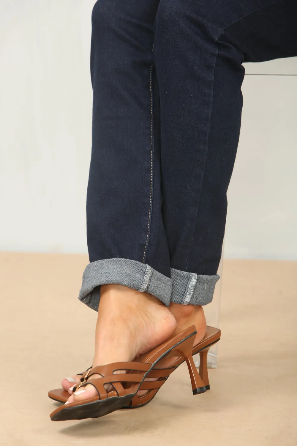 TAN CROSS OVER BUCKLE DETAIL LOW STRAP HEEL