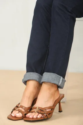 TAN CROSS OVER BUCKLE DETAIL LOW STRAP HEEL