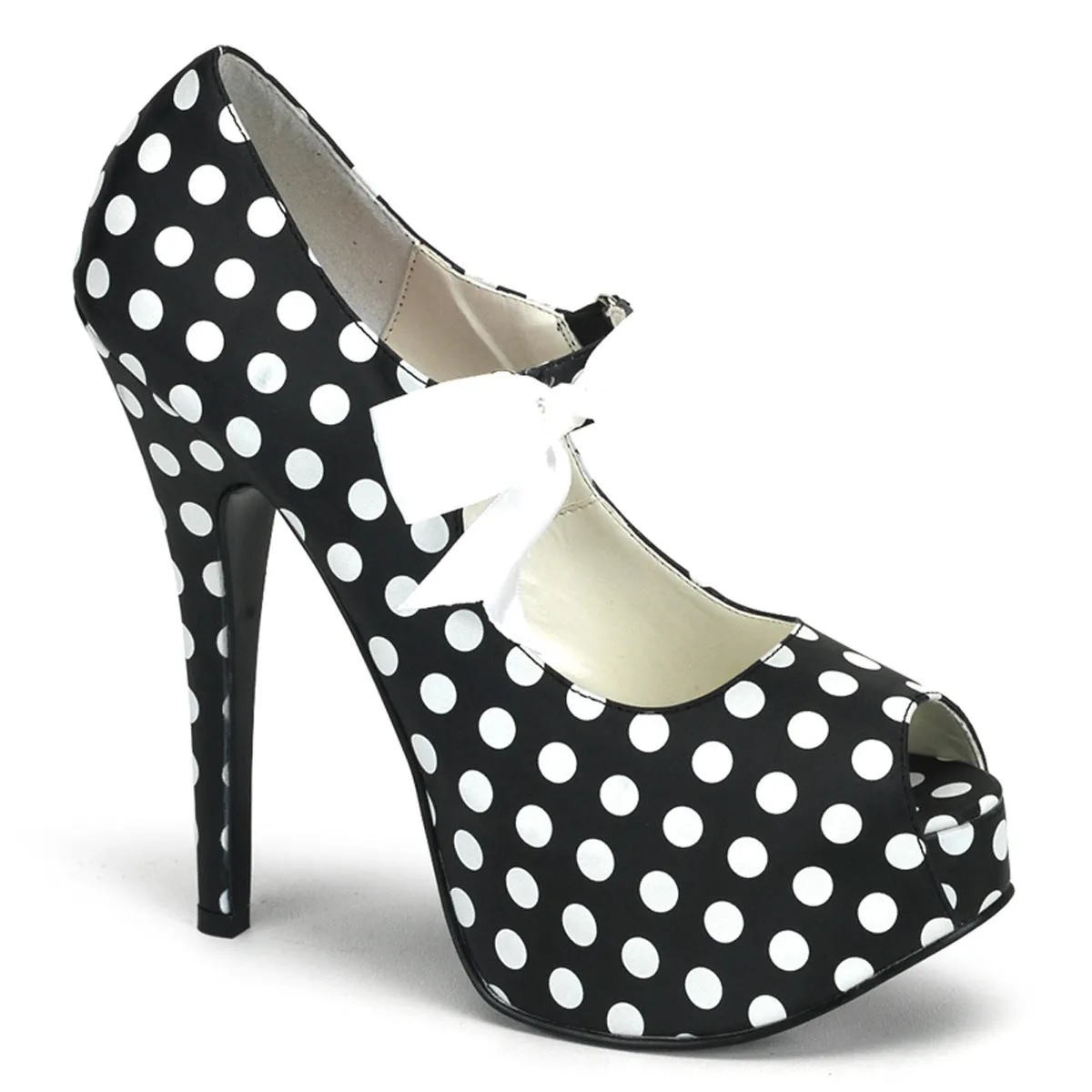 TEEZE-25 Pin Up Girl Shoes Bordello Shoes Black Satin Pu-White (Polka Dots)