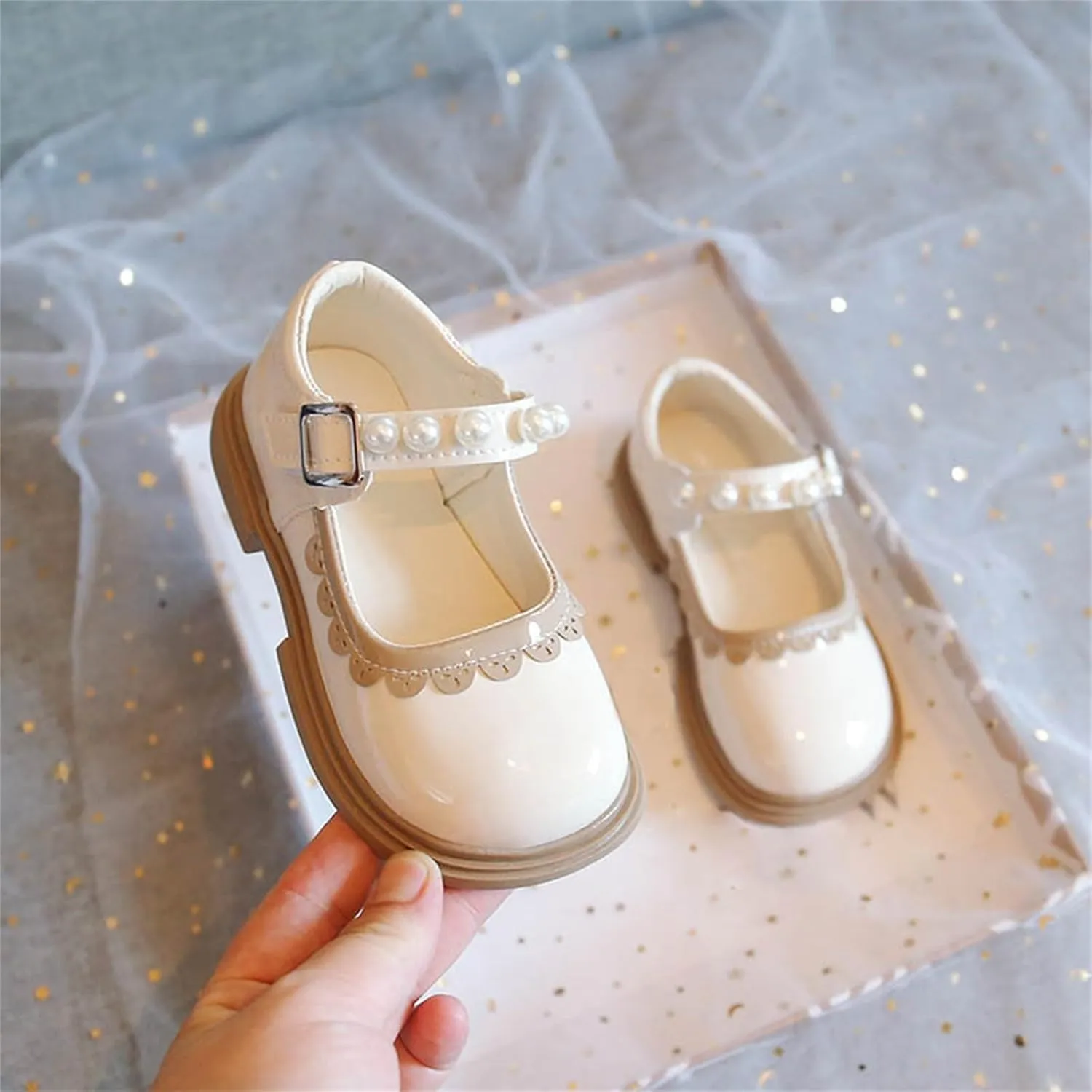 Toddler Baby Girls Mary Jane Flat with Pearls Kids Formal School Dress Shoes Infant Slip On Paten Girls Slippers
