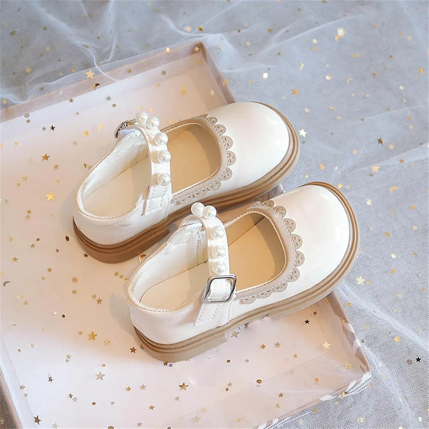 Toddler Baby Girls Mary Jane Flat with Pearls Kids Formal School Dress Shoes Infant Slip On Paten Girls Slippers