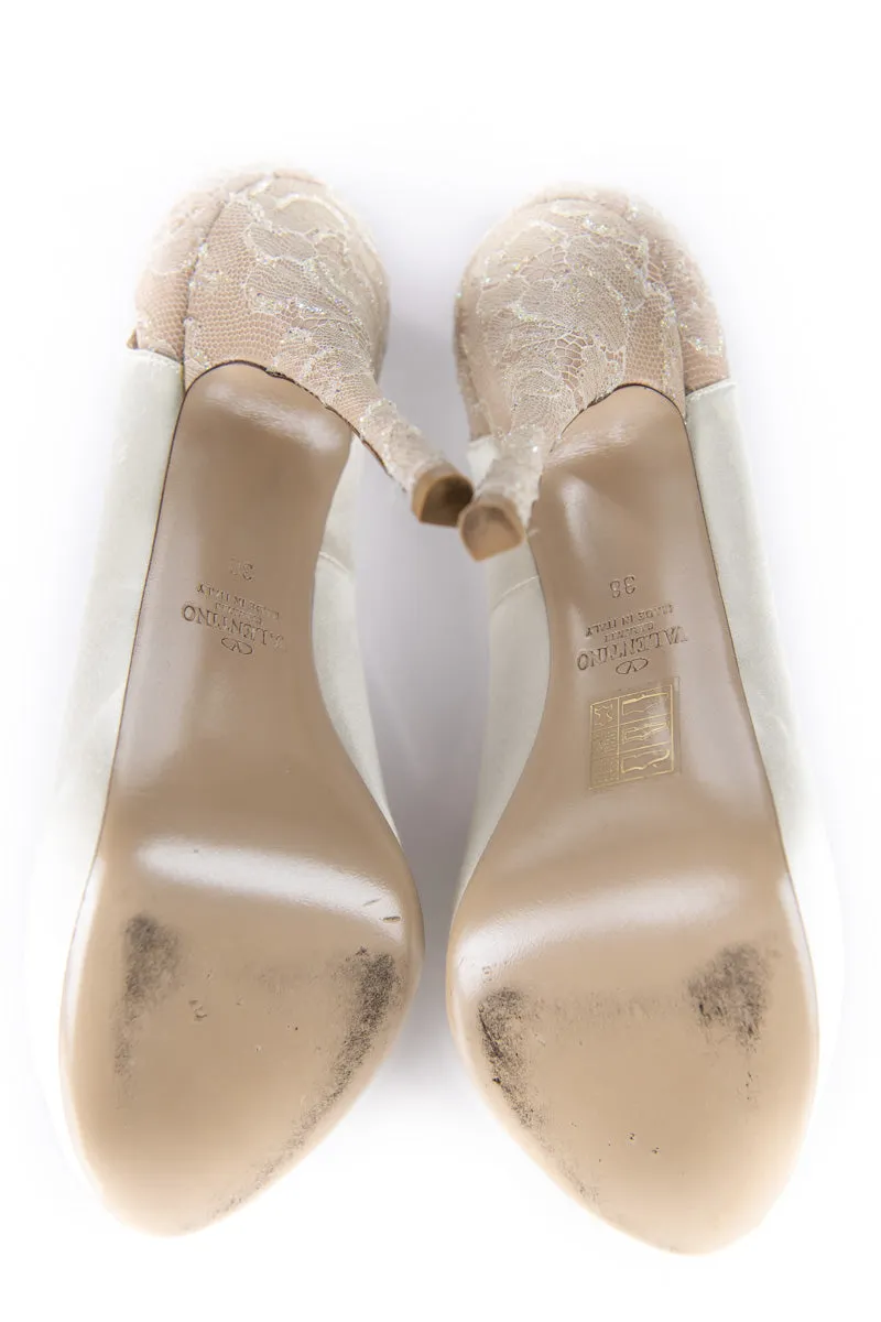 Valentino Ivory Satin & Lace Hidden Platform Peep Toe Pumps Size US 8 | EU 38