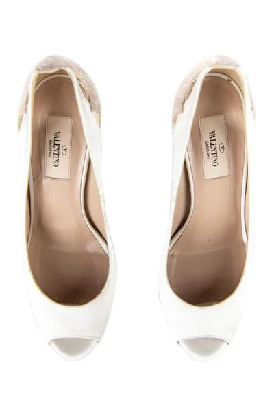 Valentino Ivory Satin & Lace Hidden Platform Peep Toe Pumps Size US 8 | EU 38