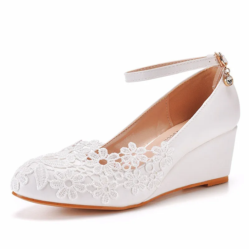 White lace floral wedge heels bridal pumps 5cm