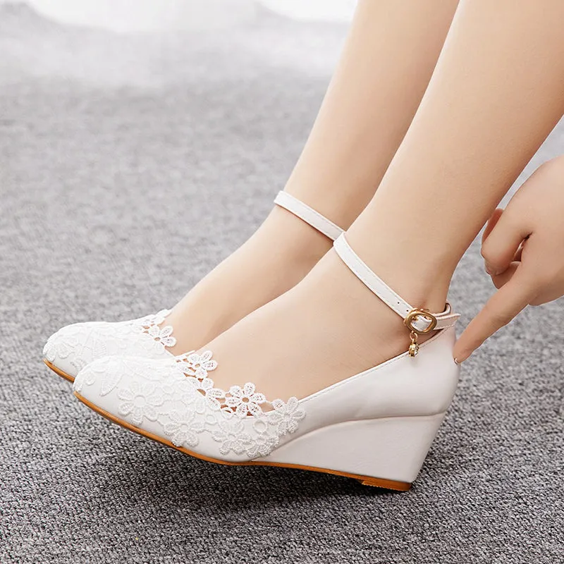 White lace floral wedge heels bridal pumps 5cm