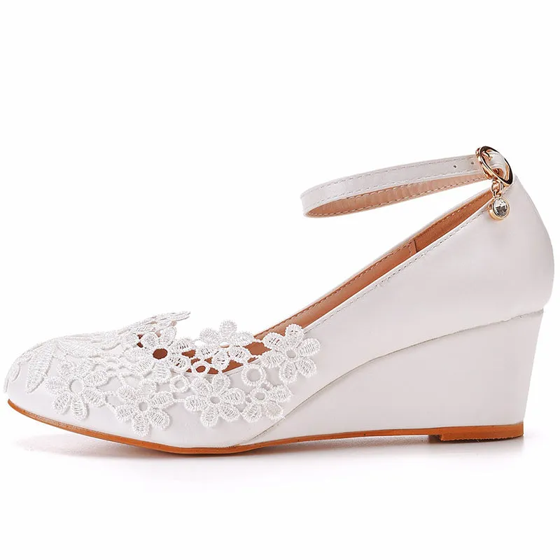 White lace floral wedge heels bridal pumps 5cm