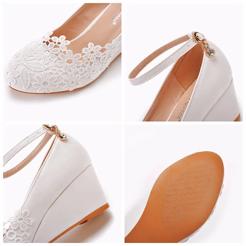 White lace floral wedge heels bridal pumps 5cm