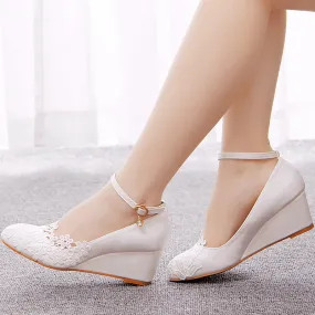 White lace floral wedge heels bridal pumps 5cm
