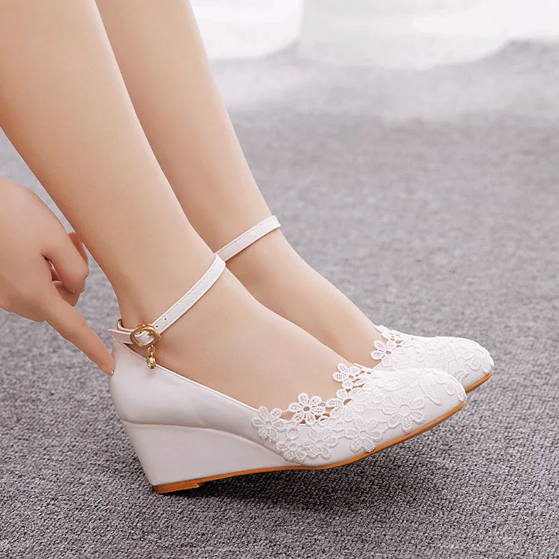 White lace floral wedge heels bridal pumps 5cm