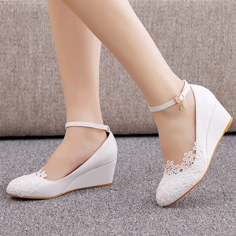 White lace floral wedge heels bridal pumps 5cm