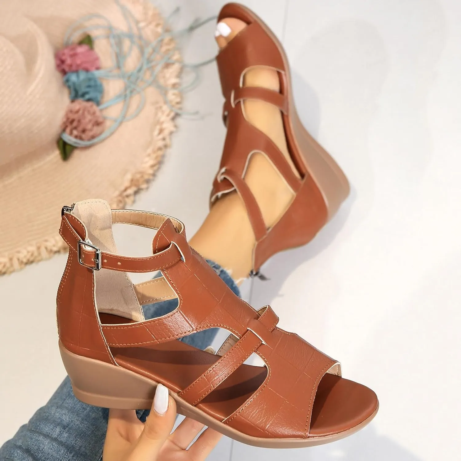 Women High Top Gladiator Sandals Summer 2025 Trendy Peep Toe Hollow Back Zipper Dressy Flat Roman Sandals Wedges Sandals