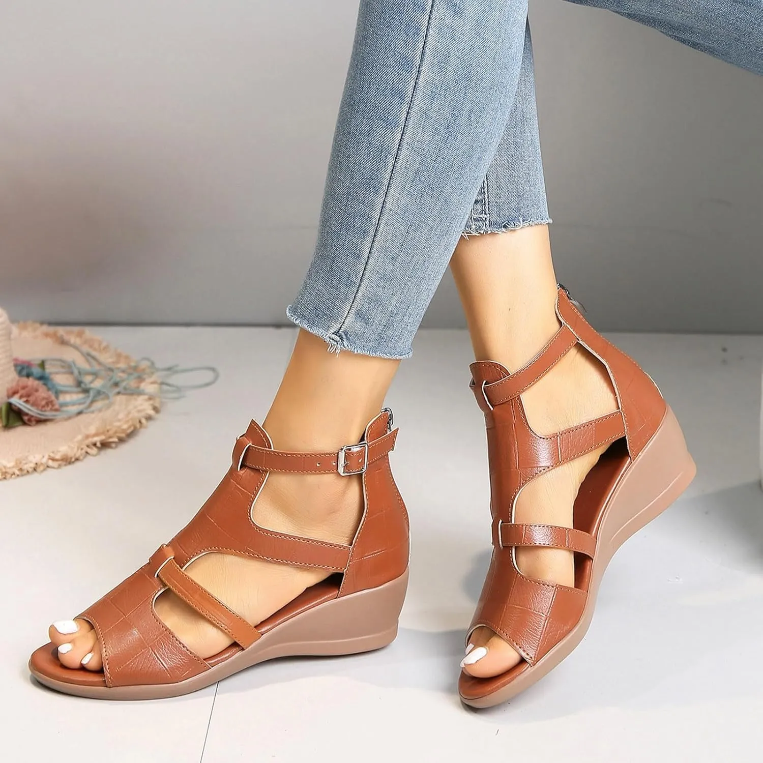 Women High Top Gladiator Sandals Summer 2025 Trendy Peep Toe Hollow Back Zipper Dressy Flat Roman Sandals Wedges Sandals