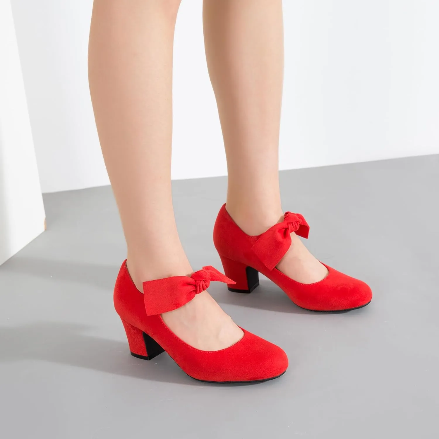 Women's Bow Mary Jane Block Heel Pumps Closed Round Toe Low Chunky Heels Ankle Strap Wedding Dress Evening Party Shoes