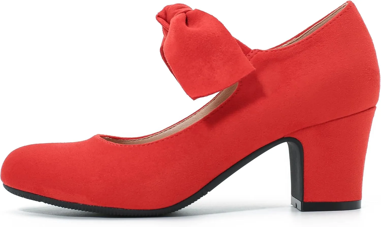 Women's Bow Mary Jane Block Heel Pumps Closed Round Toe Low Chunky Heels Ankle Strap Wedding Dress Evening Party Shoes