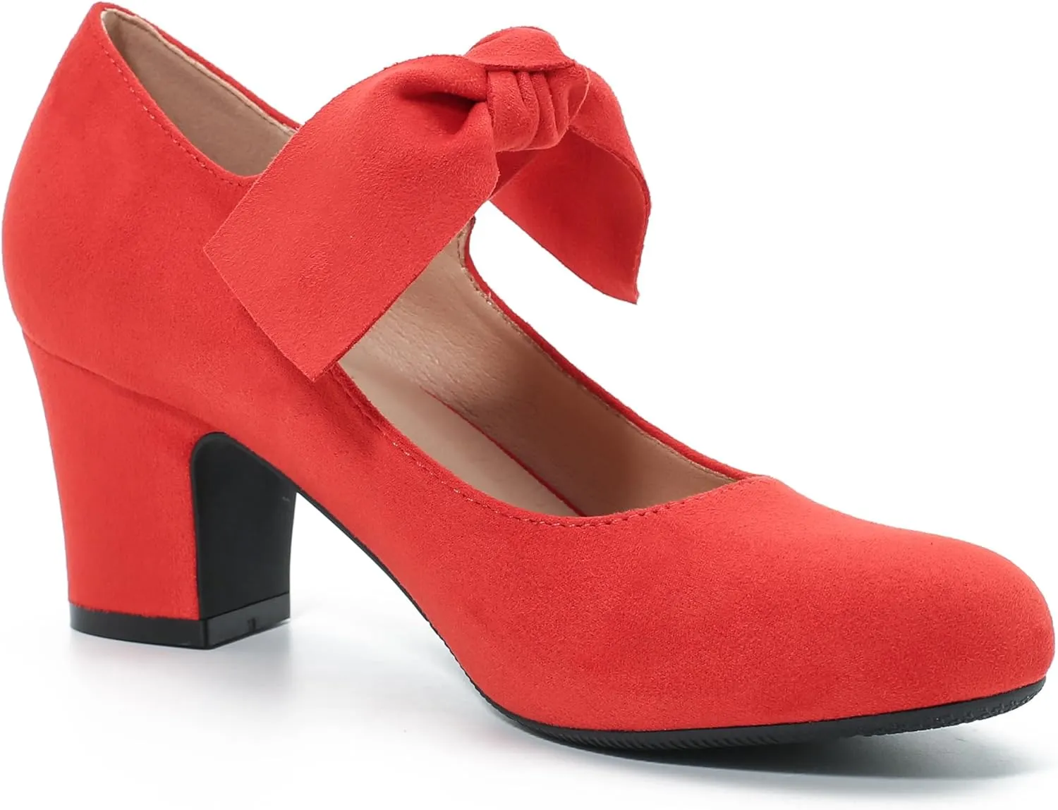 Women's Bow Mary Jane Block Heel Pumps Closed Round Toe Low Chunky Heels Ankle Strap Wedding Dress Evening Party Shoes
