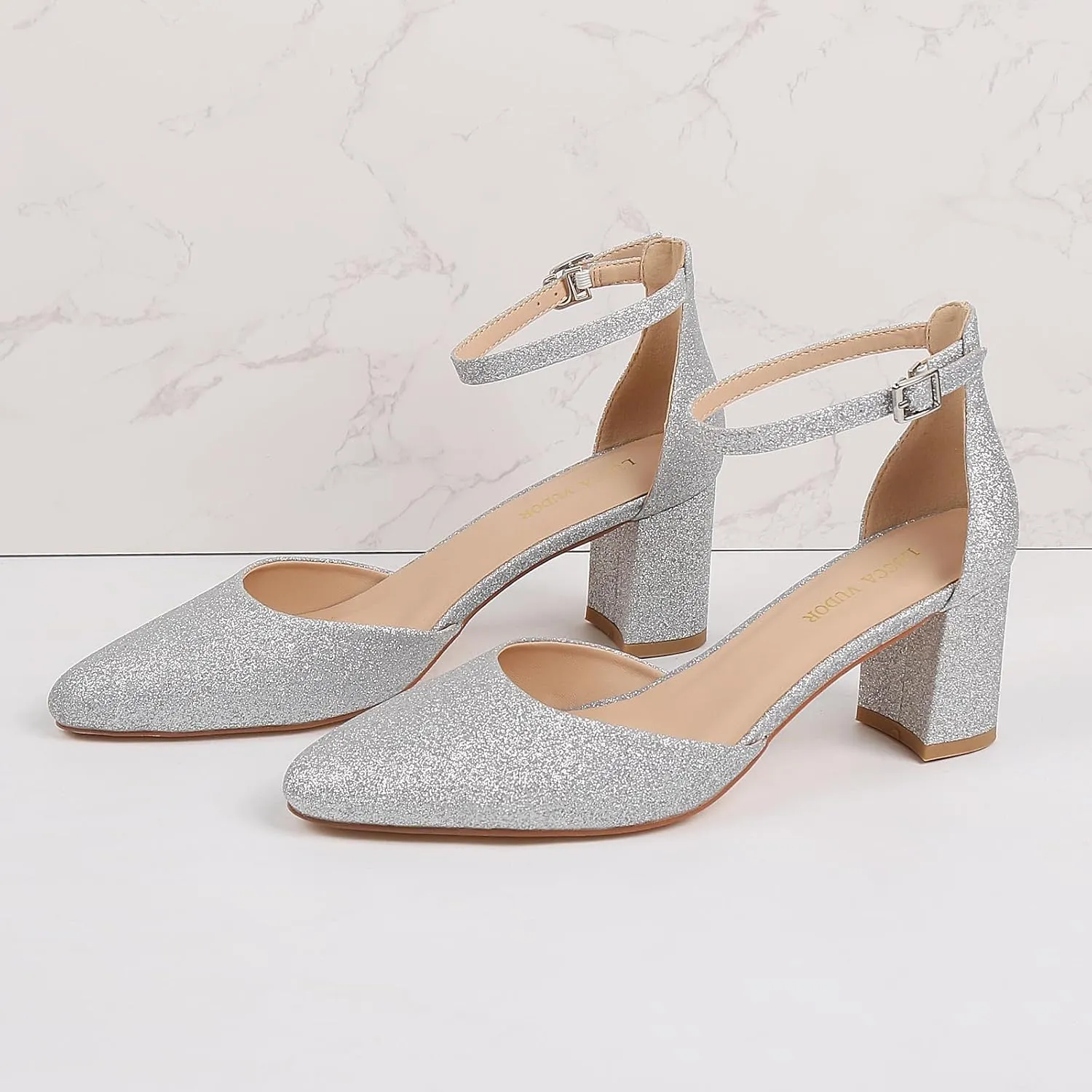 Women's Closed Toe Heels Pointed Low Heeled Chunky Shoes Nude Strap Dress Wedding High Heels