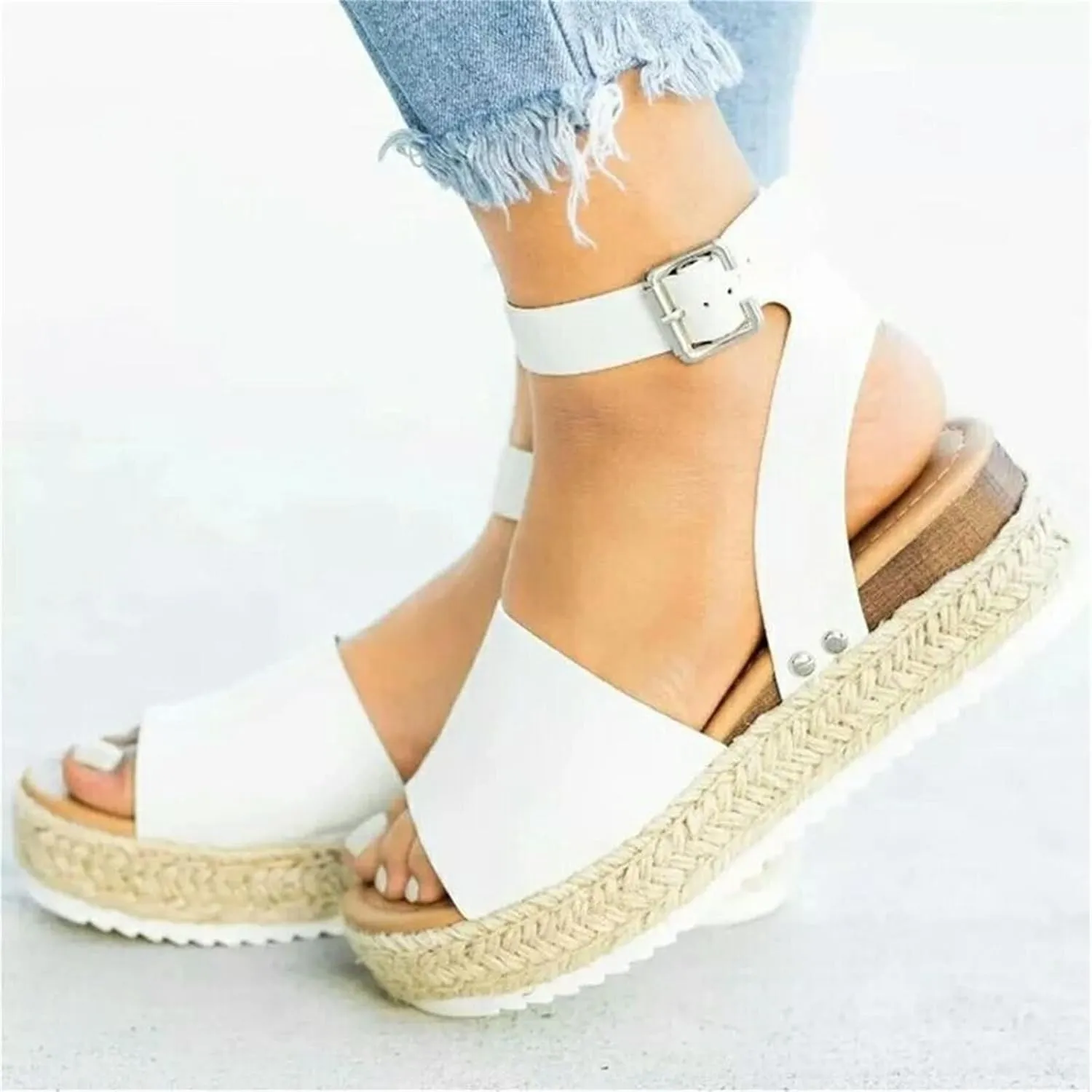 Womens Open Toe Buckle Ankle Strap Espadrilles Flatform Wedge Casual Sandal Wedge Sandal Ankle Buckle Beach Open Toe Wide Widge Sanddals Orthopedic Width