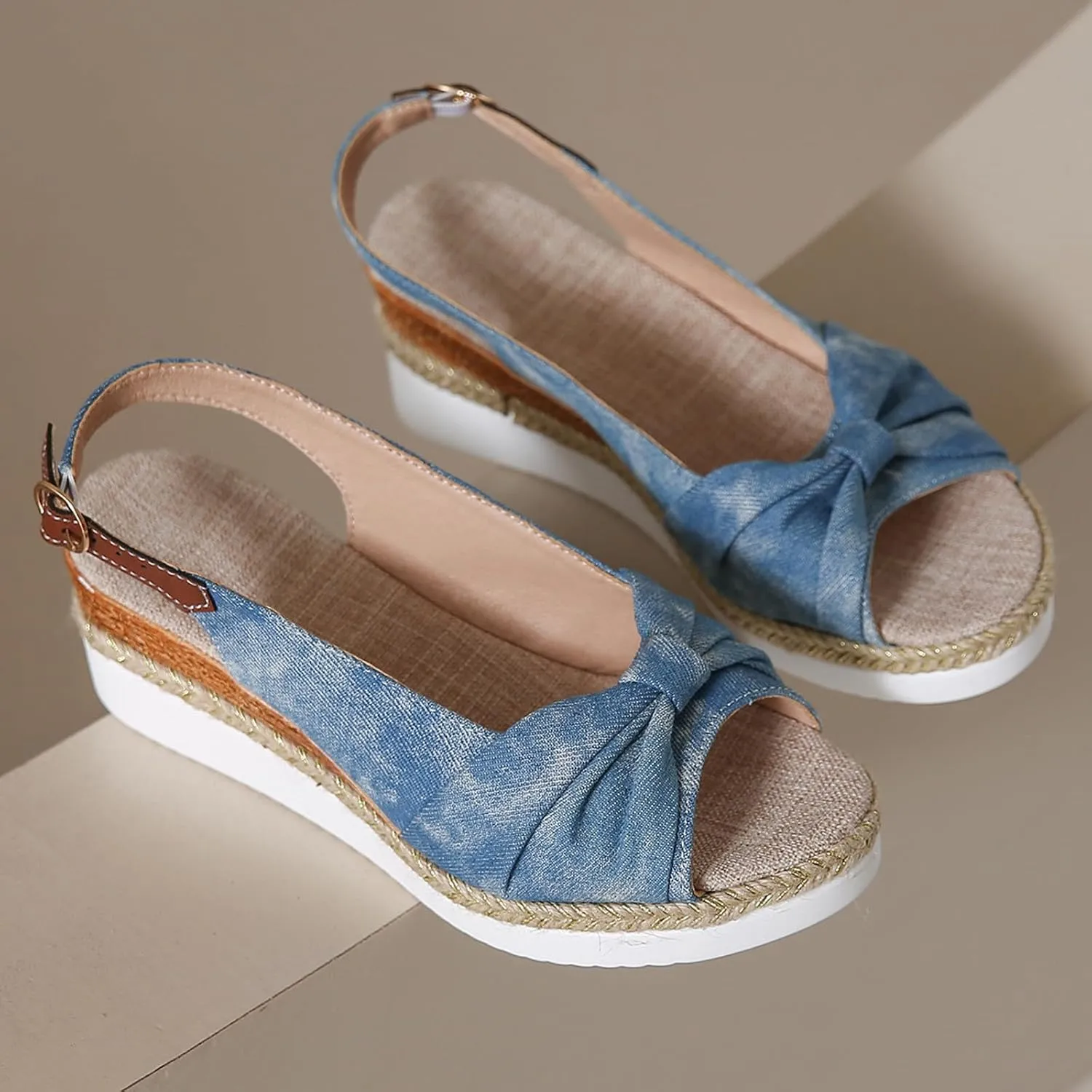 Women's Ruched Bowknot Embellished Sandals Solid Fish Mouth Pump Shoe Wedge Hook and Eye Sandal Platform Trendy Shoes