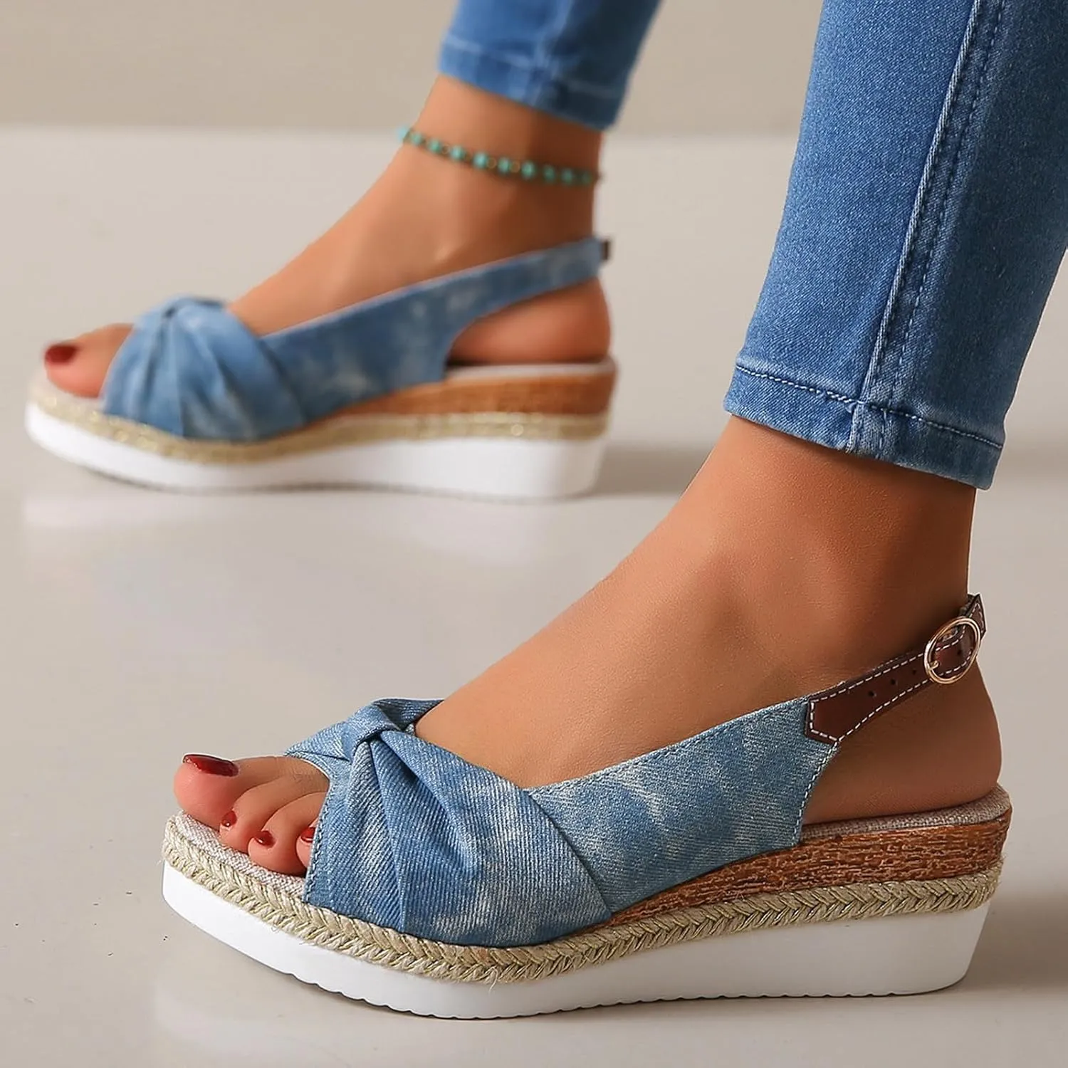Women's Ruched Bowknot Embellished Sandals Solid Fish Mouth Pump Shoe Wedge Hook and Eye Sandal Platform Trendy Shoes
