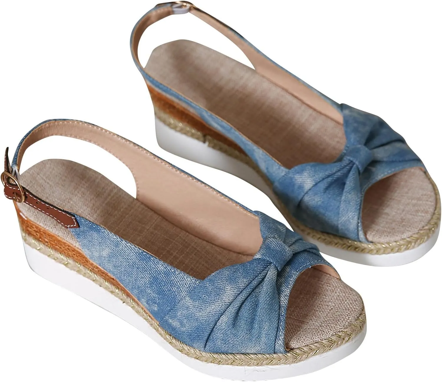 Women's Ruched Bowknot Embellished Sandals Solid Fish Mouth Pump Shoe Wedge Hook and Eye Sandal Platform Trendy Shoes