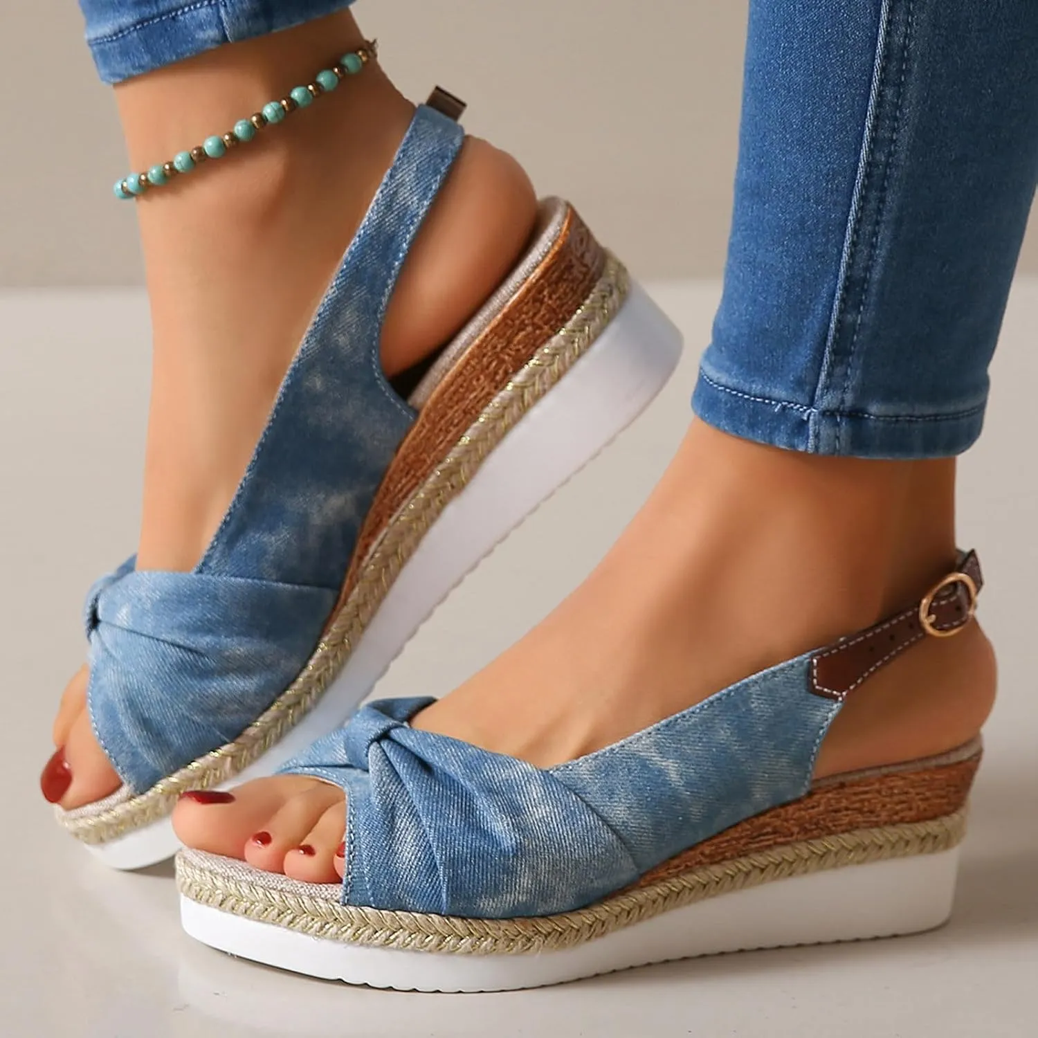 Women's Ruched Bowknot Embellished Sandals Solid Fish Mouth Pump Shoe Wedge Hook and Eye Sandal Platform Trendy Shoes