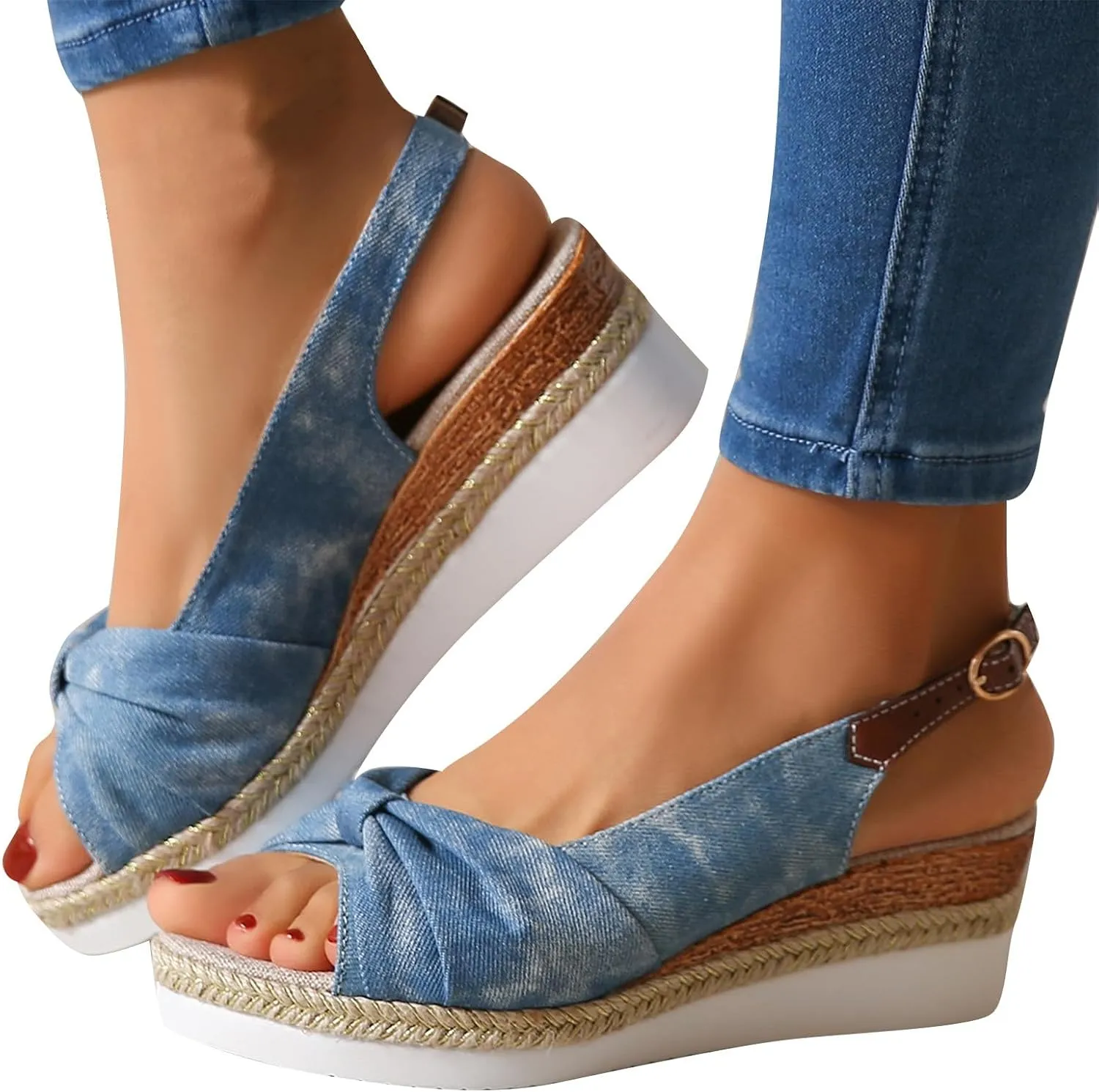 Women's Ruched Bowknot Embellished Sandals Solid Fish Mouth Pump Shoe Wedge Hook and Eye Sandal Platform Trendy Shoes