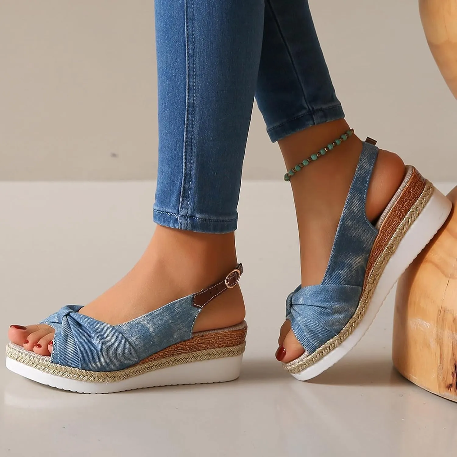 Women's Ruched Bowknot Embellished Sandals Solid Fish Mouth Pump Shoe Wedge Hook and Eye Sandal Platform Trendy Shoes
