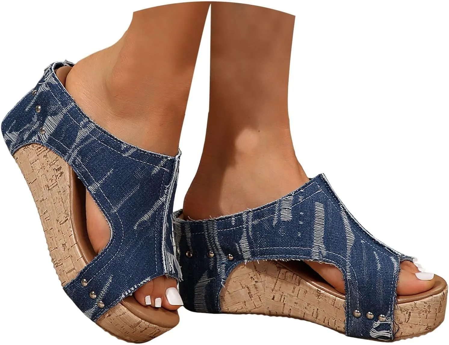 Womens Sandals Dressy Denim Slip On Thick Sole Platform Wedges Heels For Women Casual Low Heeled Sandal Summer Shoes