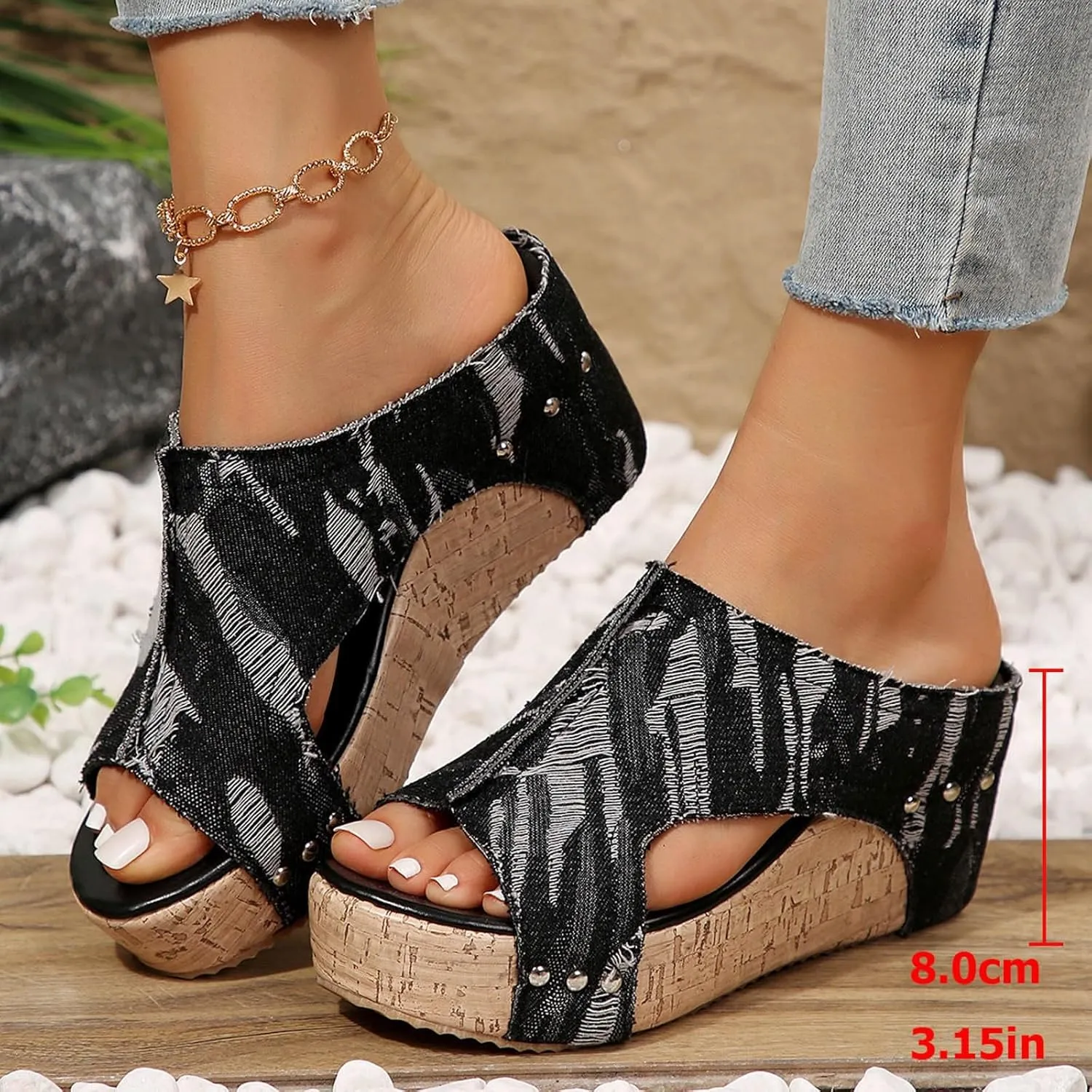 Womens Sandals Dressy Denim Slip On Thick Sole Platform Wedges Heels For Women Casual Low Heeled Sandal Summer Shoes